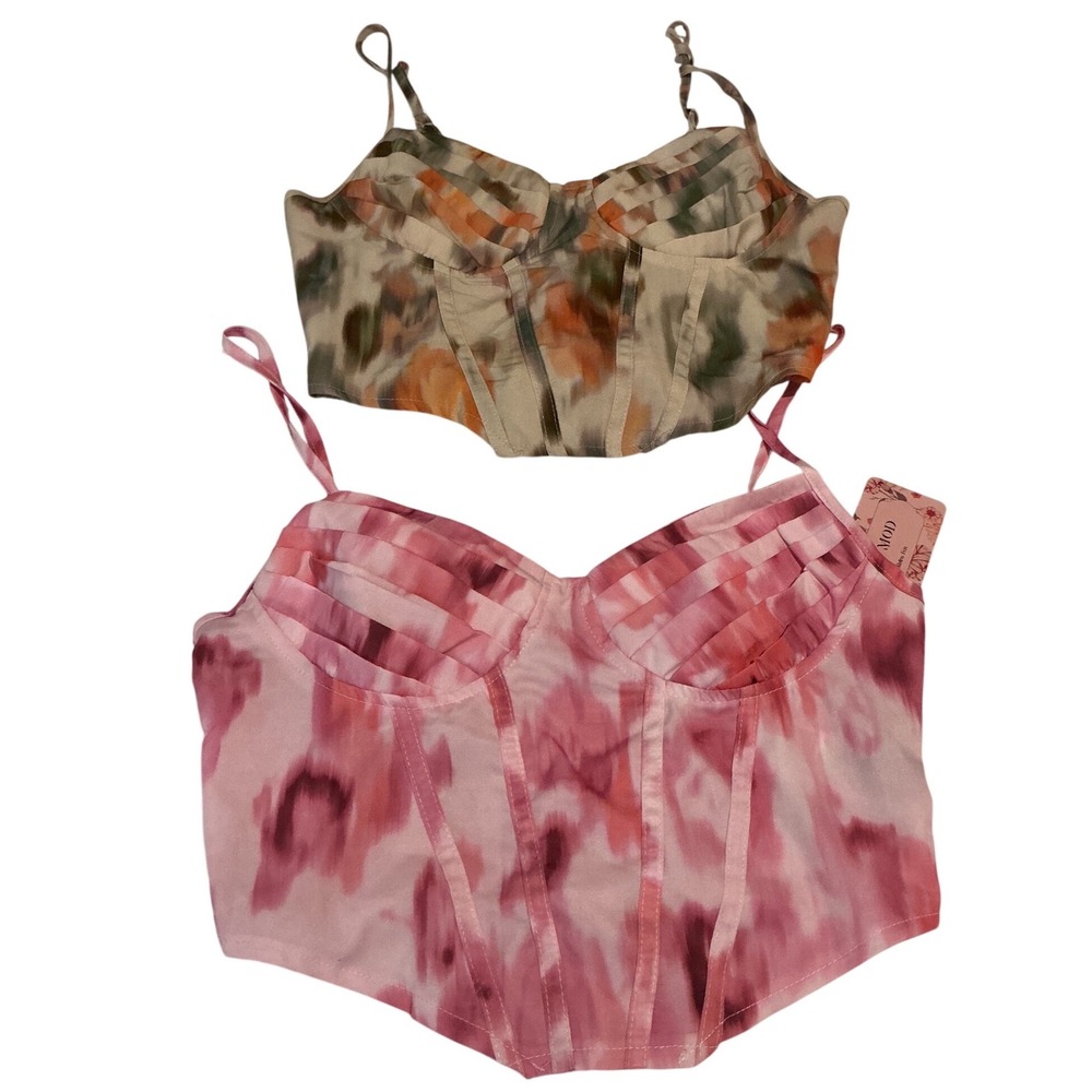 SHEIN Corset Top Bundle Women S Pink Orange Watercolor Smocked Bustier 2PC